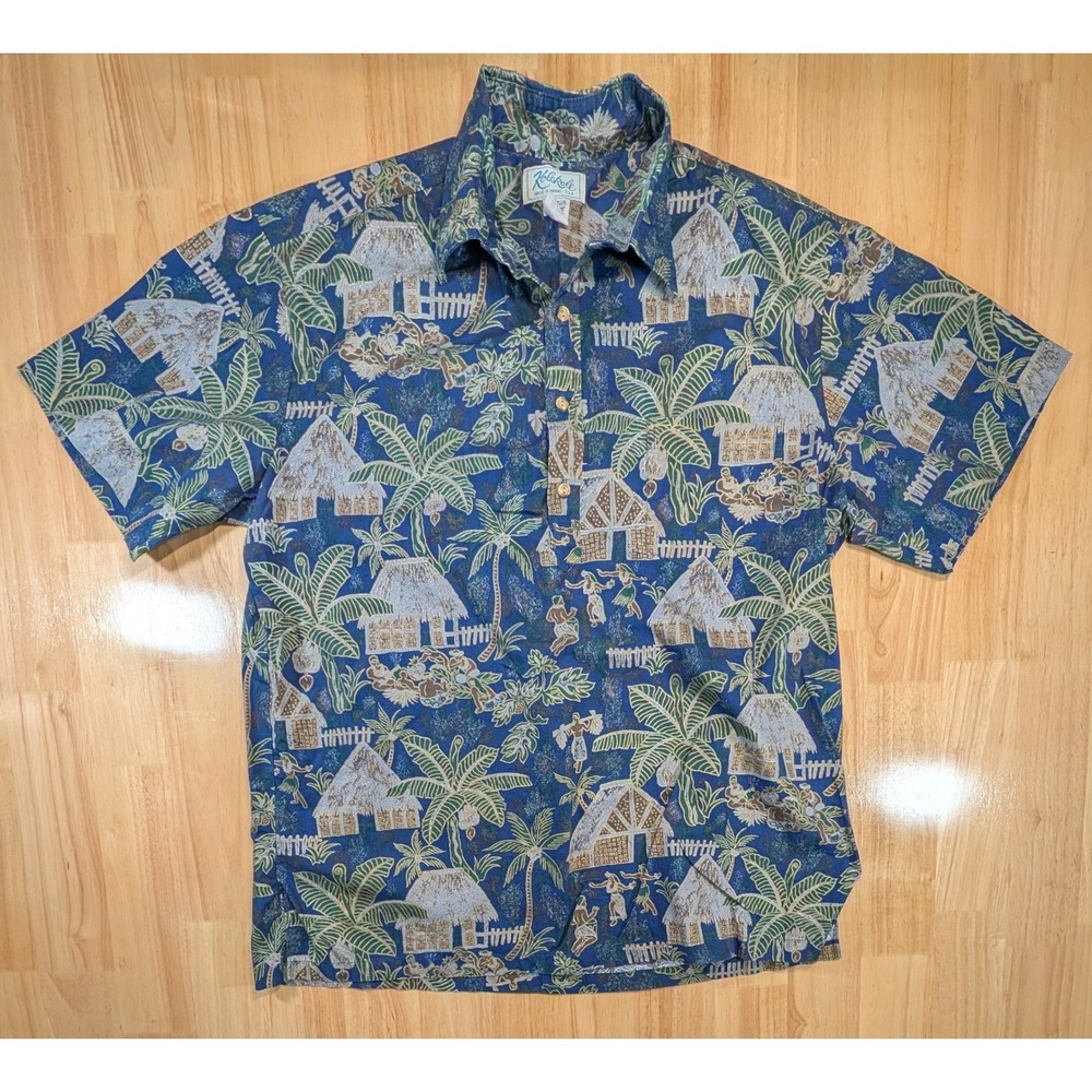 KoleKole Mens XL Hawaiian Shirt Blue Cotton Tropical Village Hula Made in Hawaii